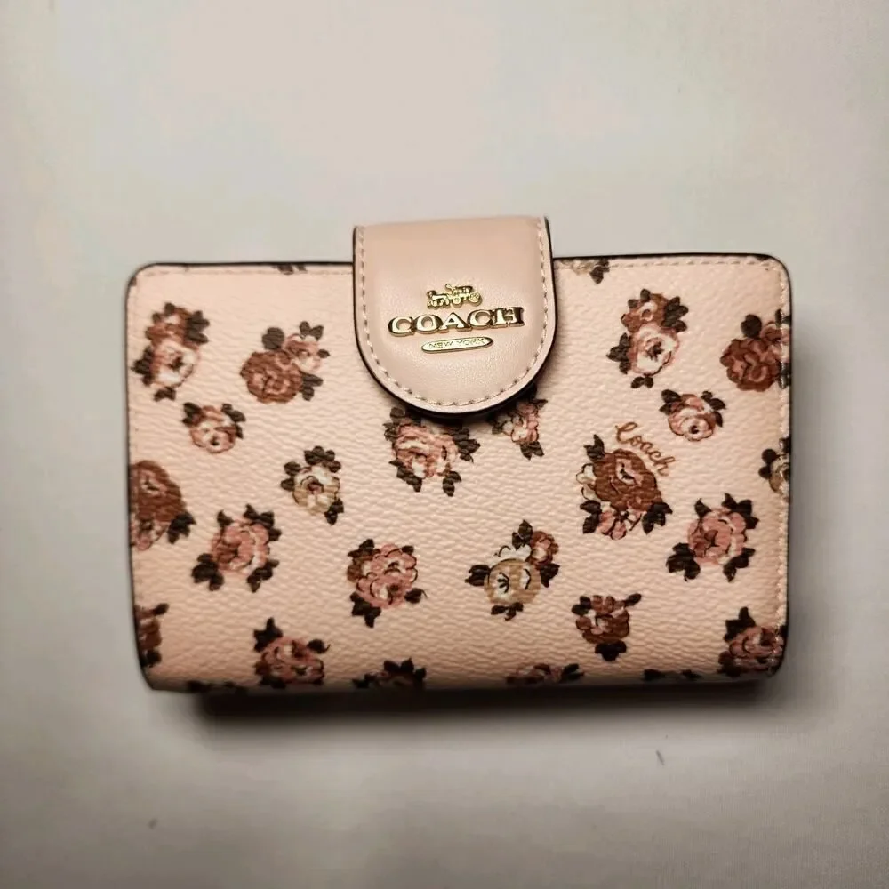 NWT Coach CZ343 Medium Corner Zip Wallet Rosette Floral Pink Canvas Compact